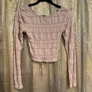 Free People Nude Tan Ruched Lace Up Back Long Sleeve Top XS